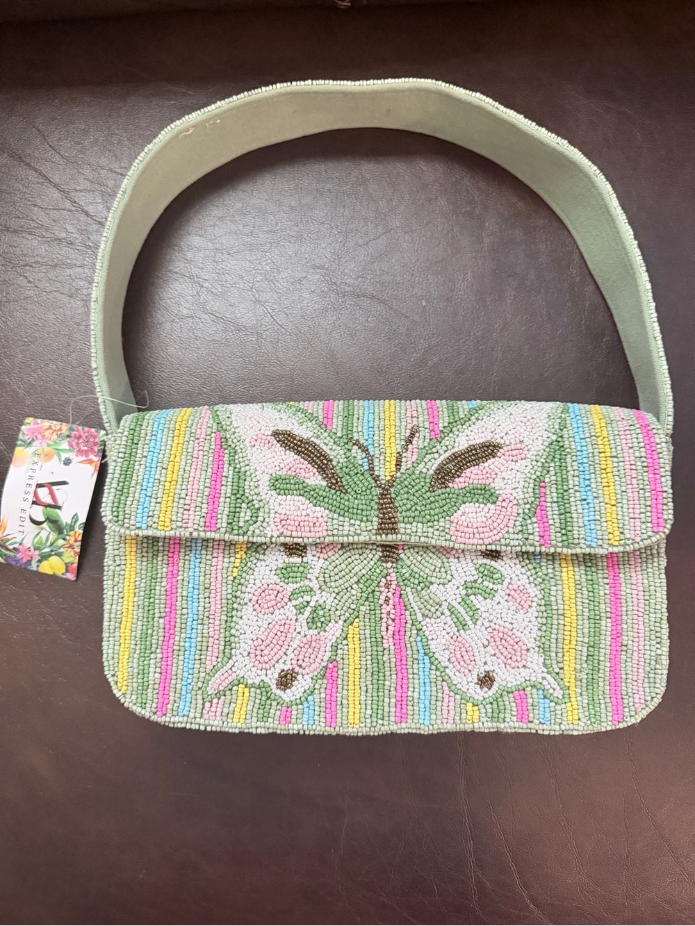 Beaded Butterfly Shoulder Bag in Pastel Green and Multicolor
